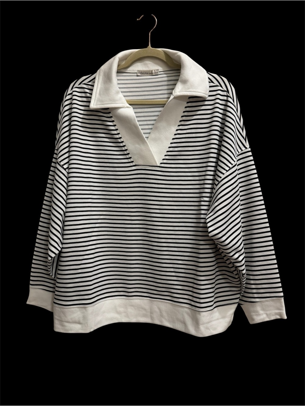 ZENANA Striped Polo Collar Top- Black & White. Size LARGE NWT